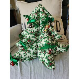 Vintage 3D Stuffed Fabric Christmas Tree Hand Crafted Plush w Ribbon 14" Holly